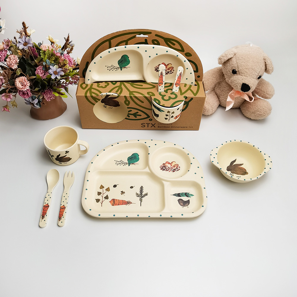 Ensemble de boîte de vaisselle d'alimentation pour bébé en fibre de bambou à treillis séparé avec motif d'oiseau