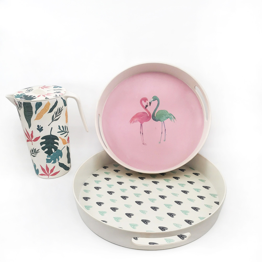 Plateau de service d'aliments sains en fibre de bambou Flamingo rond pour la maison